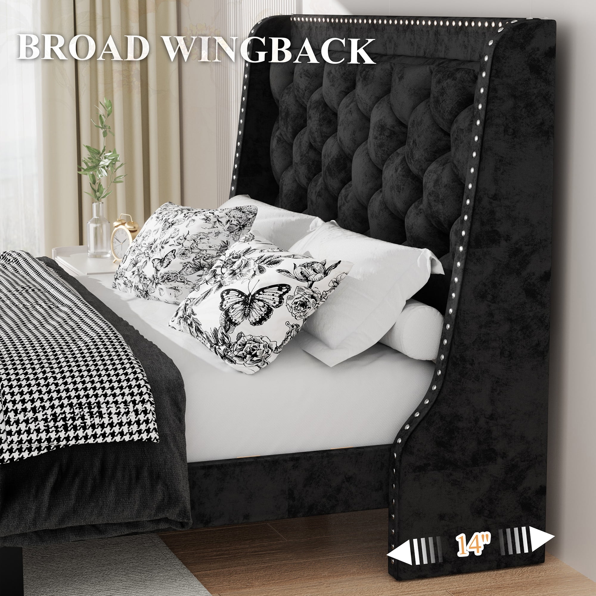 Walsunny Queen Bed Frame with Storage, Upholstered Platform Bed with Diamond Tufted Headboard and Wingbacks, Wooden Slats Support Easy Assembly, Velvet Black