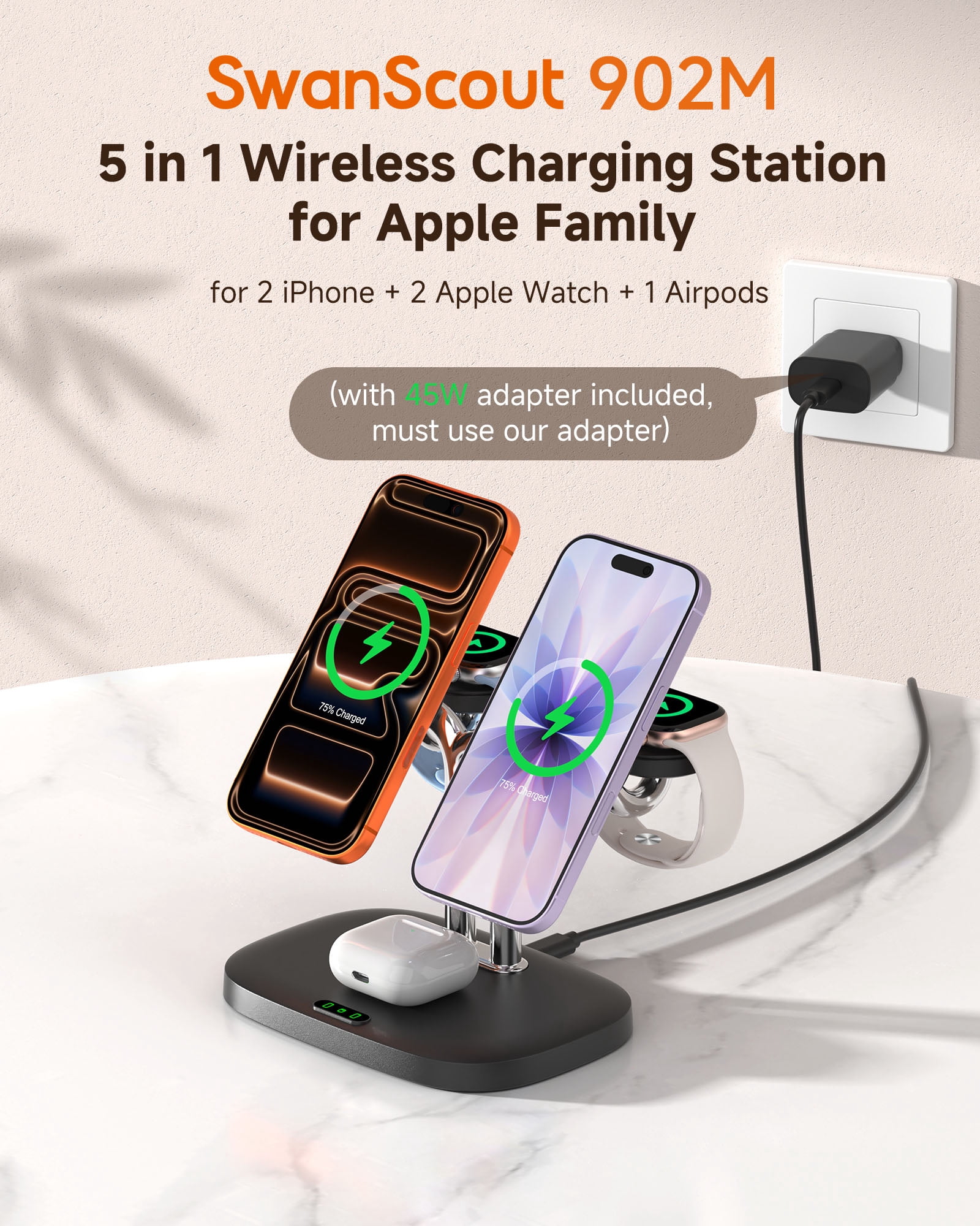 SwanScout Magnetic 5-in-1 Wireless Charging Stand for iPhone 17-12, Dual Phone & Dual Apple Watch Charger, 5W for Apple Watch Fast Charging Station, for Apple Watch Ultra/11-7 Series, SwanScout 902M