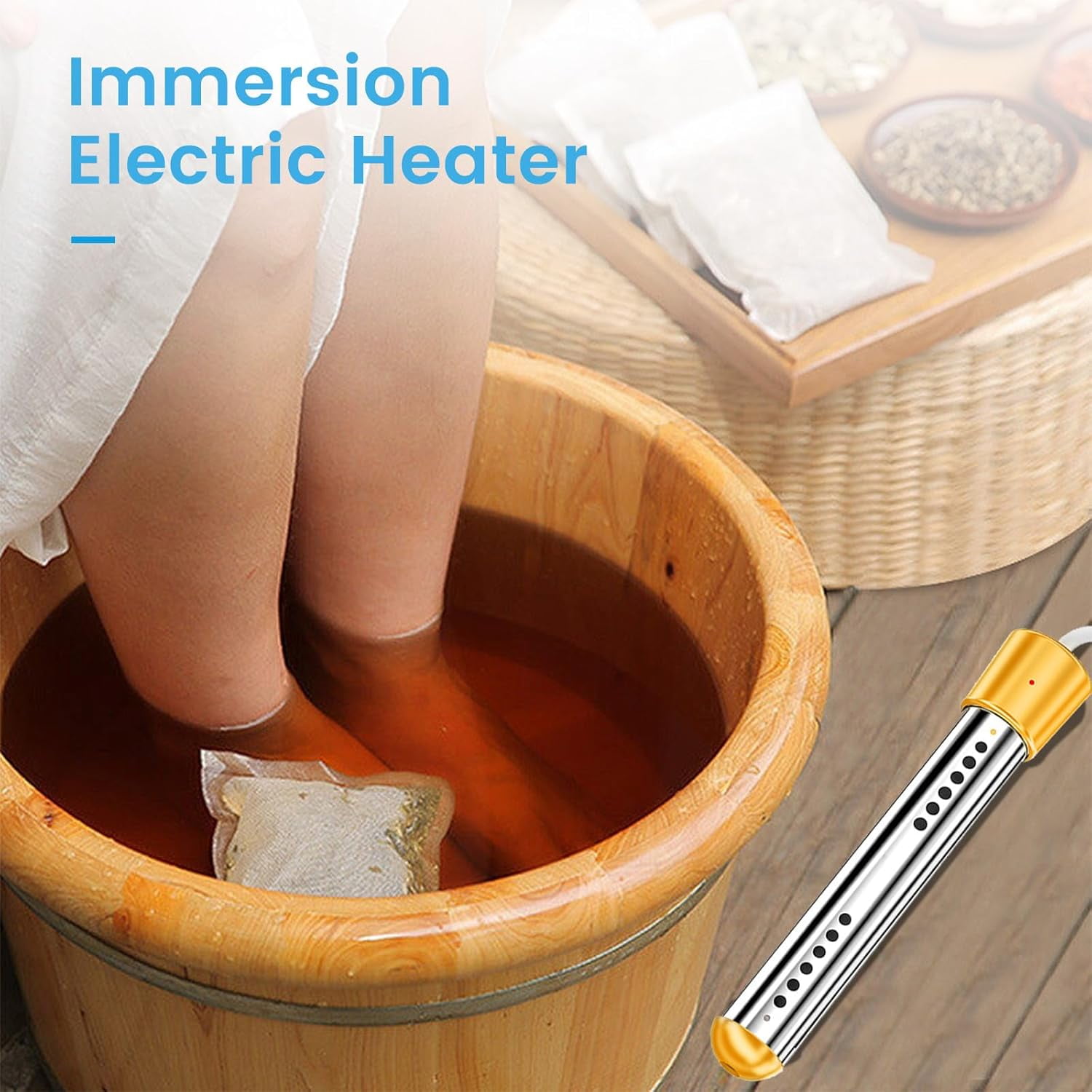 LASIEYO Immersion Water Heater, 2000W Electric Bucket Heater, Stainless-Steel Portable Submersible Water Heater with LCD Thermometer & Wool Scrubber Auto Shut-Off for Inflatable Pool Bathtub, Basin