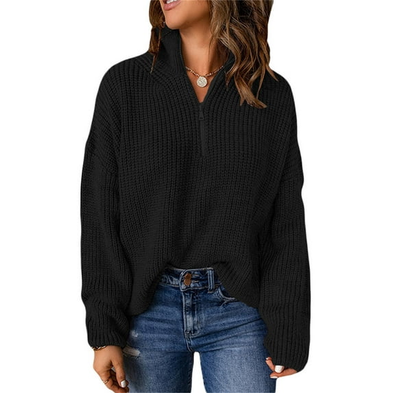 Seyurigaoka Women Waffle Kint Pullover Tops Long Sleeve Stand Collar Zipped Oversized Slouchy Sweater for Casual Daily