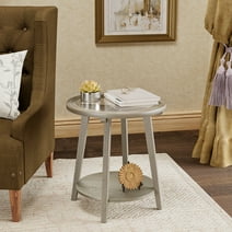 COSIEST 2-Tier Round MDF Side Table with Storage Shelf Antique Silver End Table with Tempered Glass Top