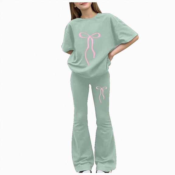 zaveiop Girls 2 Piece Outfits Short Sleeve Crew Neck Bow Sweatshirt Flared Pants 2Pcs Little Girl Tops and Trousers Set (Green, 7-8 Years)