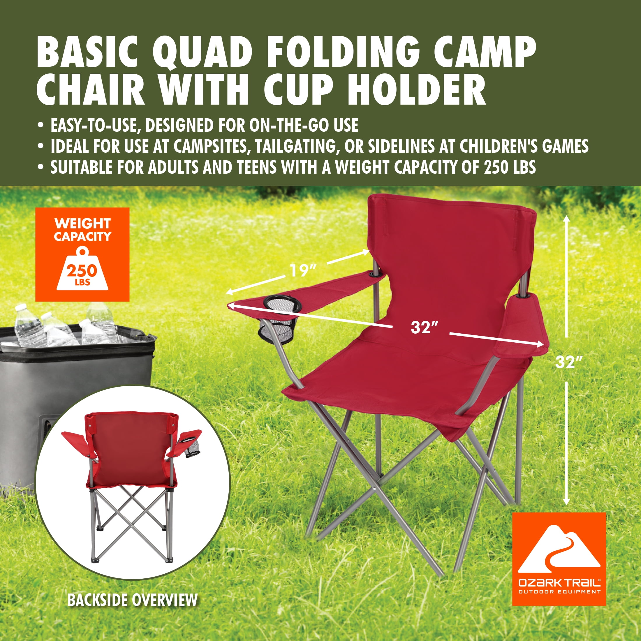 Ozark Trail Quad Folding Camp Chair with Cup Holder, Dark Red