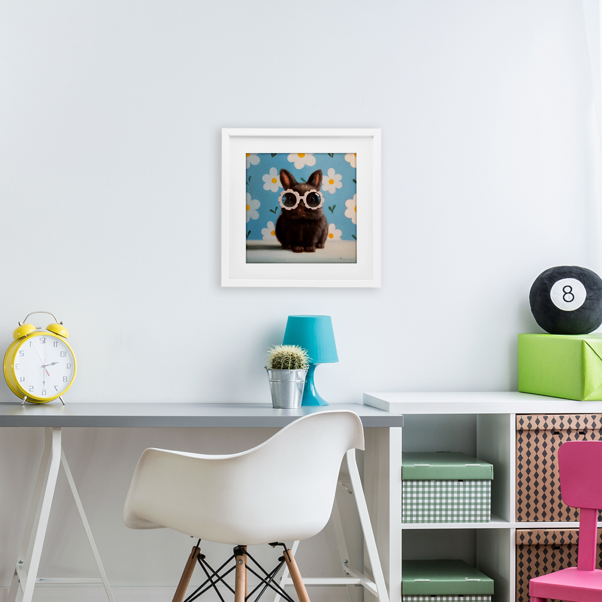 Flower Child Bunny White Framed Print Under Glass, design by Lucia Heffernan