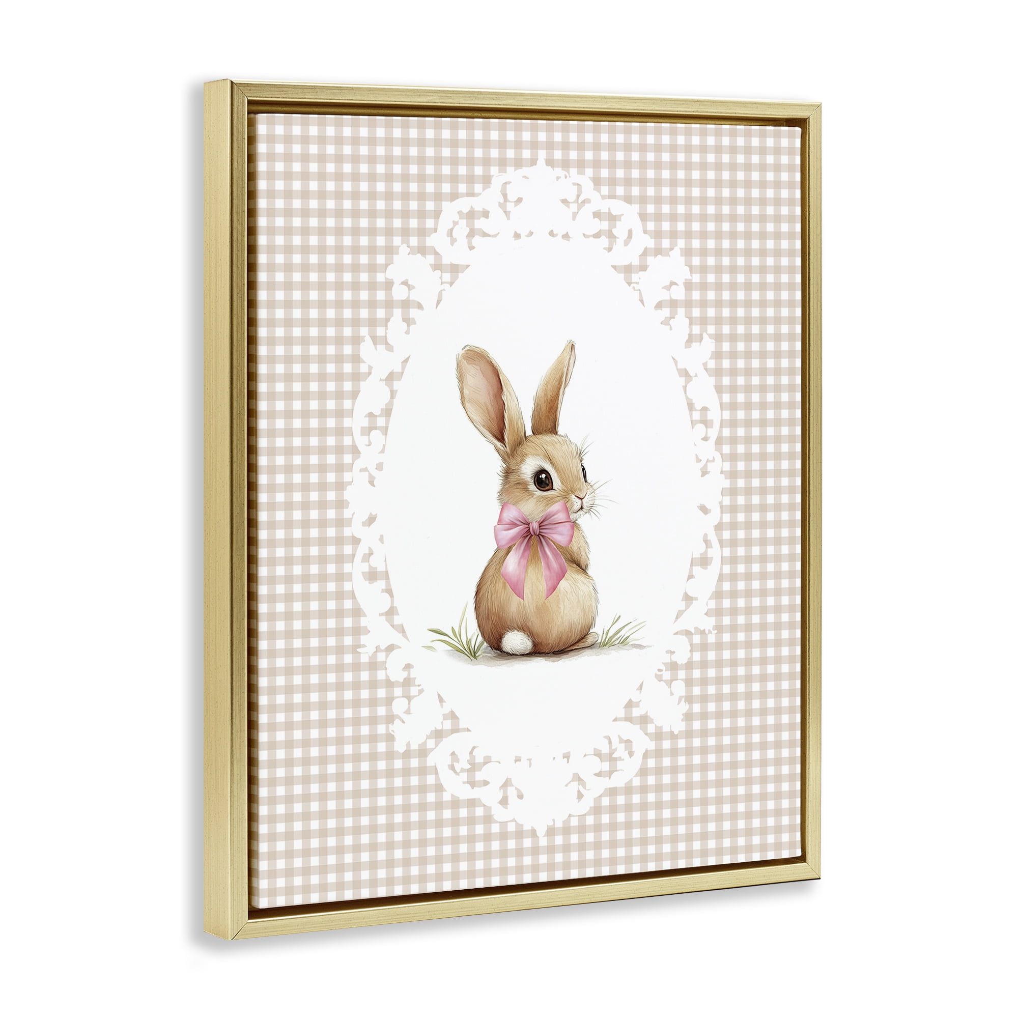 Stupell Industries Vintage Bow & Gingham Bunny Gold Framed Floater Canvas Wall Art, design by Christine Simpson Art