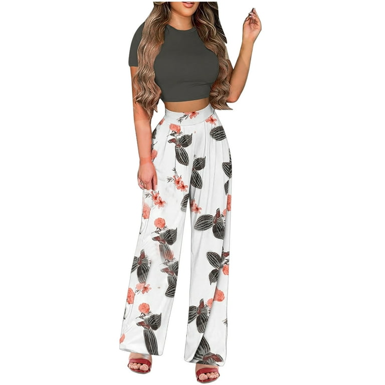YWDJ 2 Piece Outfits for Women Pants Sets Elegant Fashion Summer Froral  Print Casual Short SLeeve Top+ Pant Set Gray S 