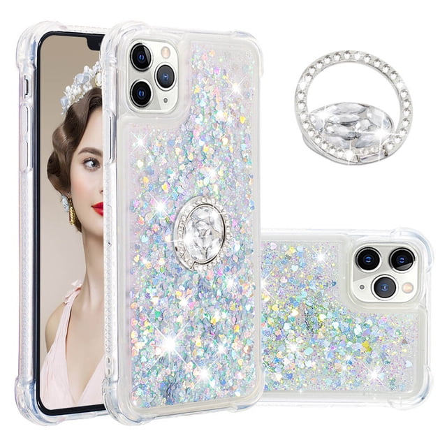 Funda para iPhone 11 PRO MAX con Brillo Líquido Flotante, Purpurina, Parachoques y Anillo Giratorio Soporte