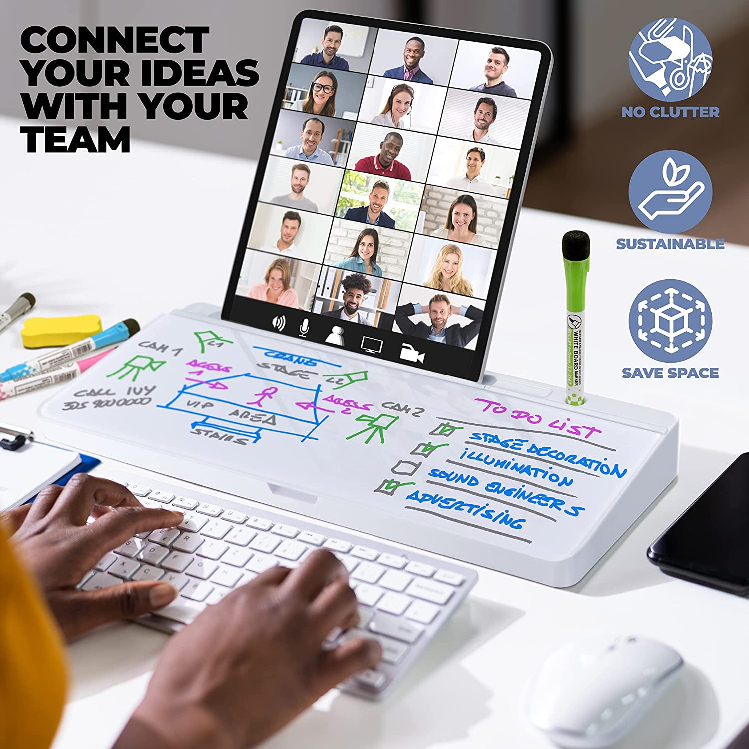 Desktop Whiteboard with Storage Compartment and Phone & Tablet Slot - Includes 4 Markers, 1 Eraser