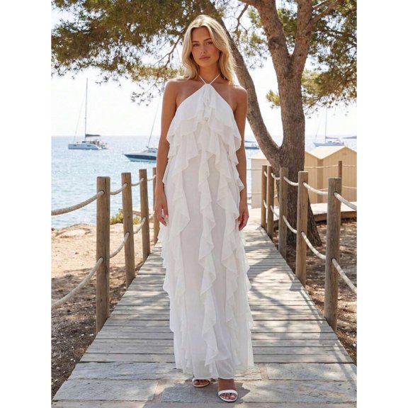 White Halter Maxi Dress With Cascading Ruffle Layers Sleeveless Backless Summer Beach Cover-Up