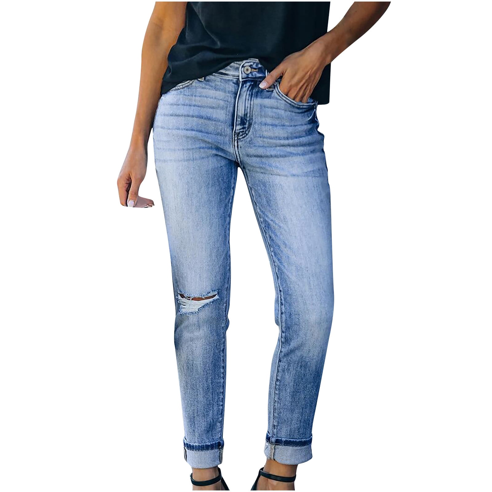 Ripped Jeans for Women Regular Relaxed Straight Leg Jeans Trendy High ...