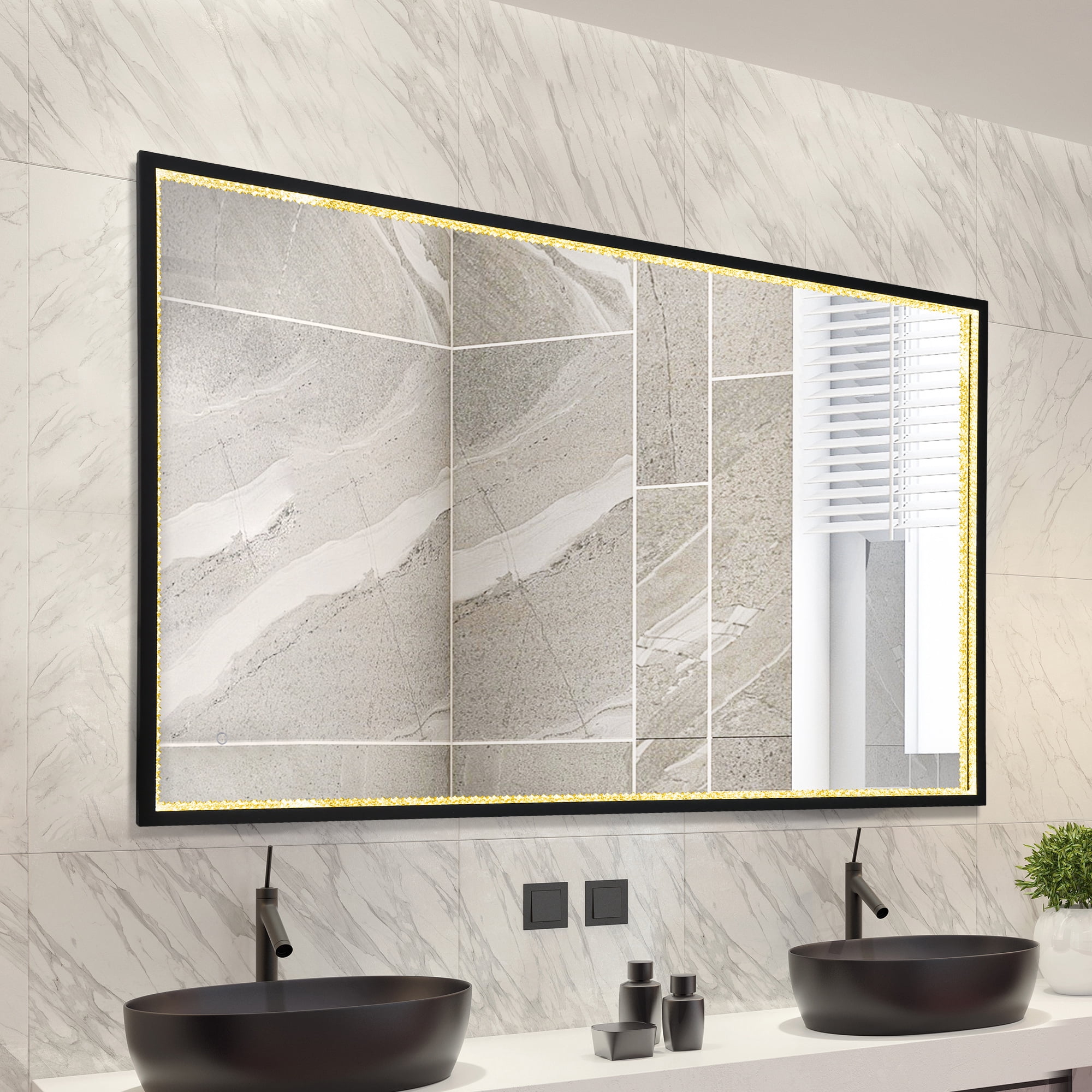 35.8-in W x 55.1-in H Rectangle Matte Black and Matte Gold Framed Full Length Lighted Vanity Mirror