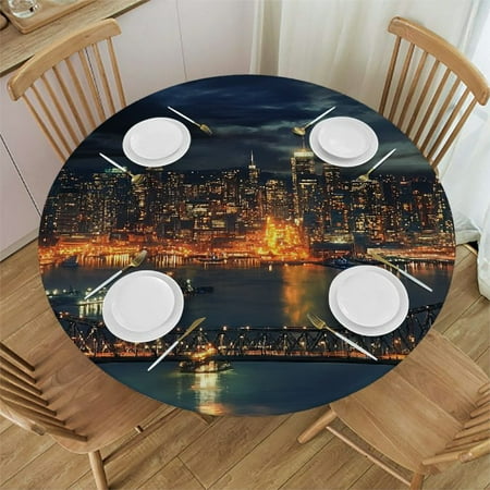 

Round Fitted Tablecloth with Elastic Edge % Waterproof Oil Proof Plastic Table Cover Vinyl Flannel Backed Table Cloth Fits Round Tables for Dinner Outdoor Picnic Lemon