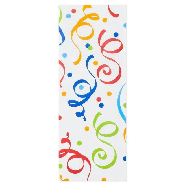 Hallmark Tissue Paper for Gift Wrapping with 6 sheets of white tissue measuring 20 by 20 inches, featuring colorful confetti dots and curling ribbon patterns in red, blue, green, and orange, suitable for decorative fill and cushioning in birthday, graduation, and celebration gifts.
