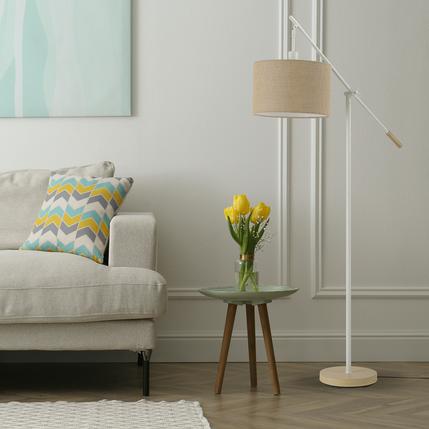 Globe Electric Serena 66" Matte White Dimmable Floor Lamp with Jute Shade, 91004429