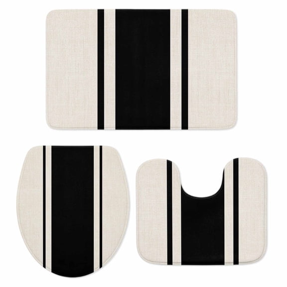 Abstract Black Color Block Bathroom Rugs Set Vintage Lines Linen Texture Non Slip Absorbent Soft Bath Mats 3 Piece Set with Bathroom Rug, U-Shaped Floor Mat, Toilet Seat Cover Large Size