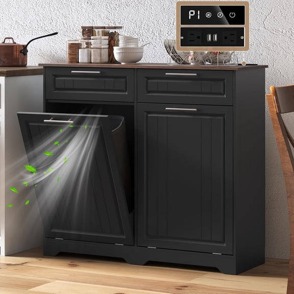 Tilt Out Kitchen Trash Can Cabinet with Deodorizing Function, Wooden Garbage Can Cabinet with Storage Drawer, Hidden Laundry Hamper Holder for Washing Room