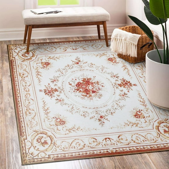 My Magic Carpet 5'x7' Machine Washable Non-Slip Dining Living Room Area Rug - Aubusson Beige