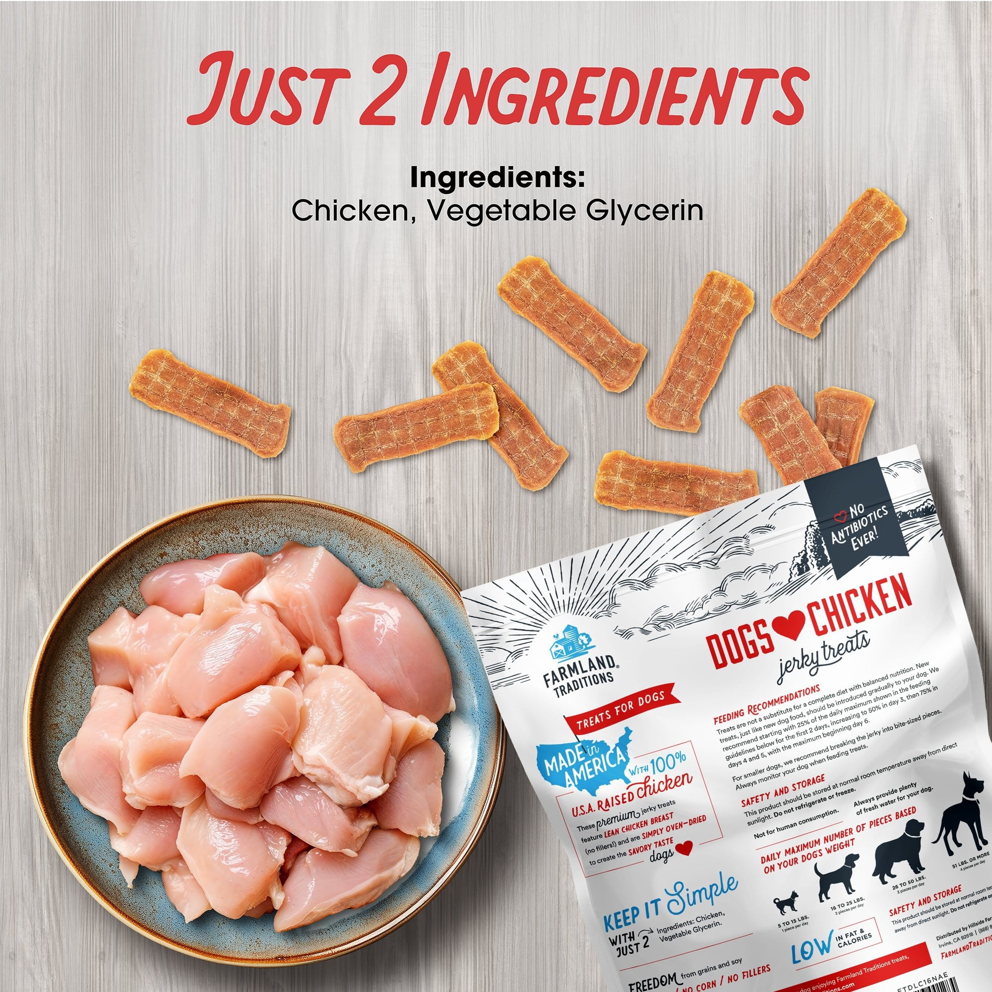 Farmland Traditions Dogs Love Chicken Jerky Dog Treats, Premium Two-Ingredient Dog Jerky with USA-Raised Chicken & No Antibiotics Ever, 3-Pound Bag