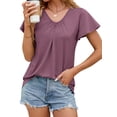 thumbnail image 3 of UVN V Neck T Shirt for Women Summer Pleated Blouse Casual Ruffle Short Sleeve Shirt Flowy Tunic Tops, 3 of 8