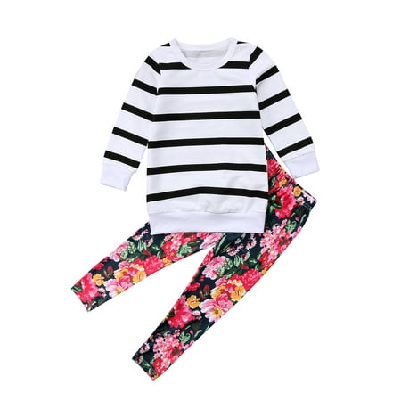 

Bmnmsl Kid Baby Girl Striped T Shirt Top+Floral Pants Set Clothes Cotton Outfit Set 2-8Years