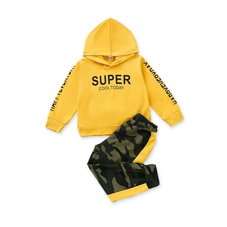 

KIMI BEAR Infant Boys Outfits 18 Months Infant Boy Autumn Outfits 24 Months Infant Boy Casual SUPER Letter Print Hooded Long Sleeve Hoodie + Camouflage Pants 2PCs Set Yellow