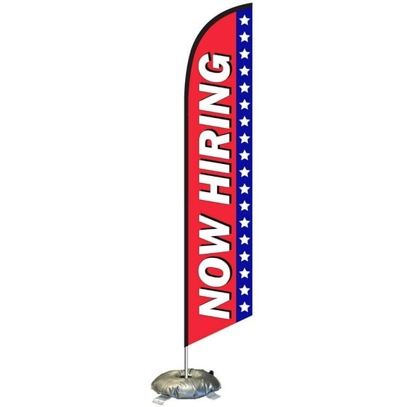 Patriotic Theme Now Hiring Feather Flag Kit with Cross-Base and Weight-Donut, Outdoor Advertising Banner Swooper Flag, Blue and Yellow