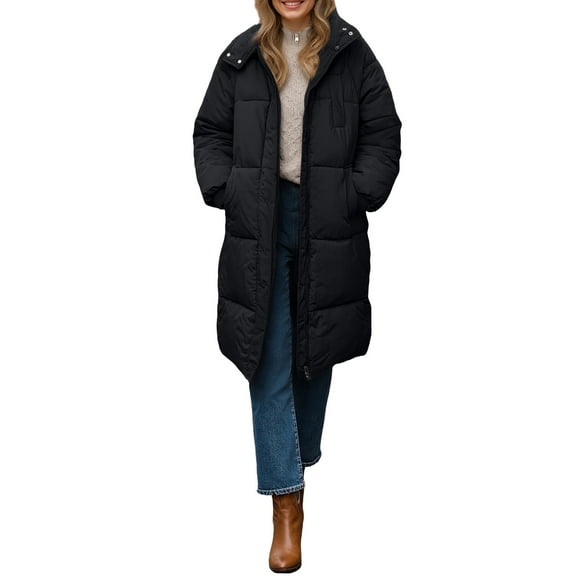 Breezora Women Longline Puffer Coat Casual Loose Fit Warm Winter Jacket Comfortable Outerwear L Size Black