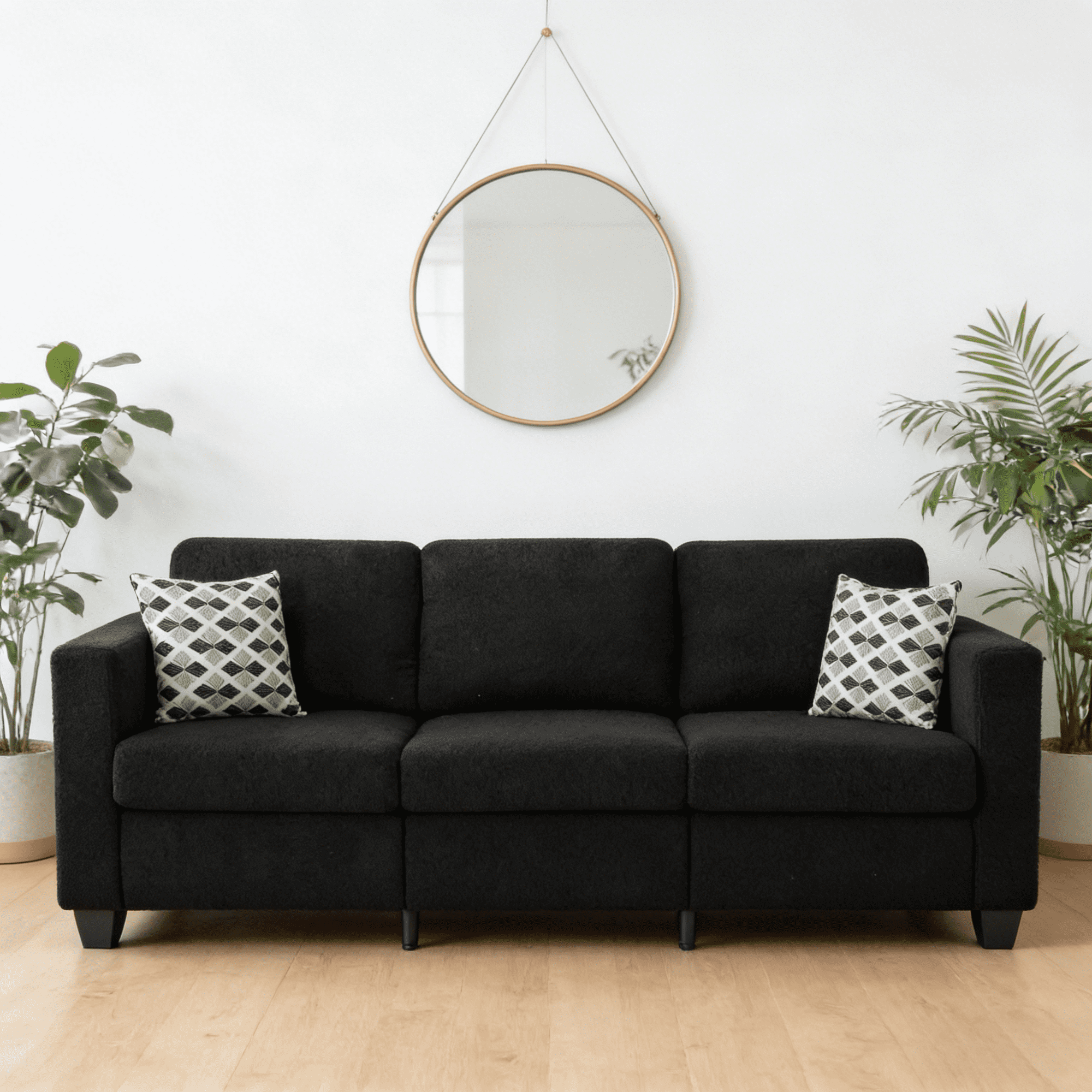 Gewnee 86.6”Teddy Velvet Sofa Couch,Comfy Extra Deep Seat 3 Seater Couches for Living Room with 2 Pillows.Black