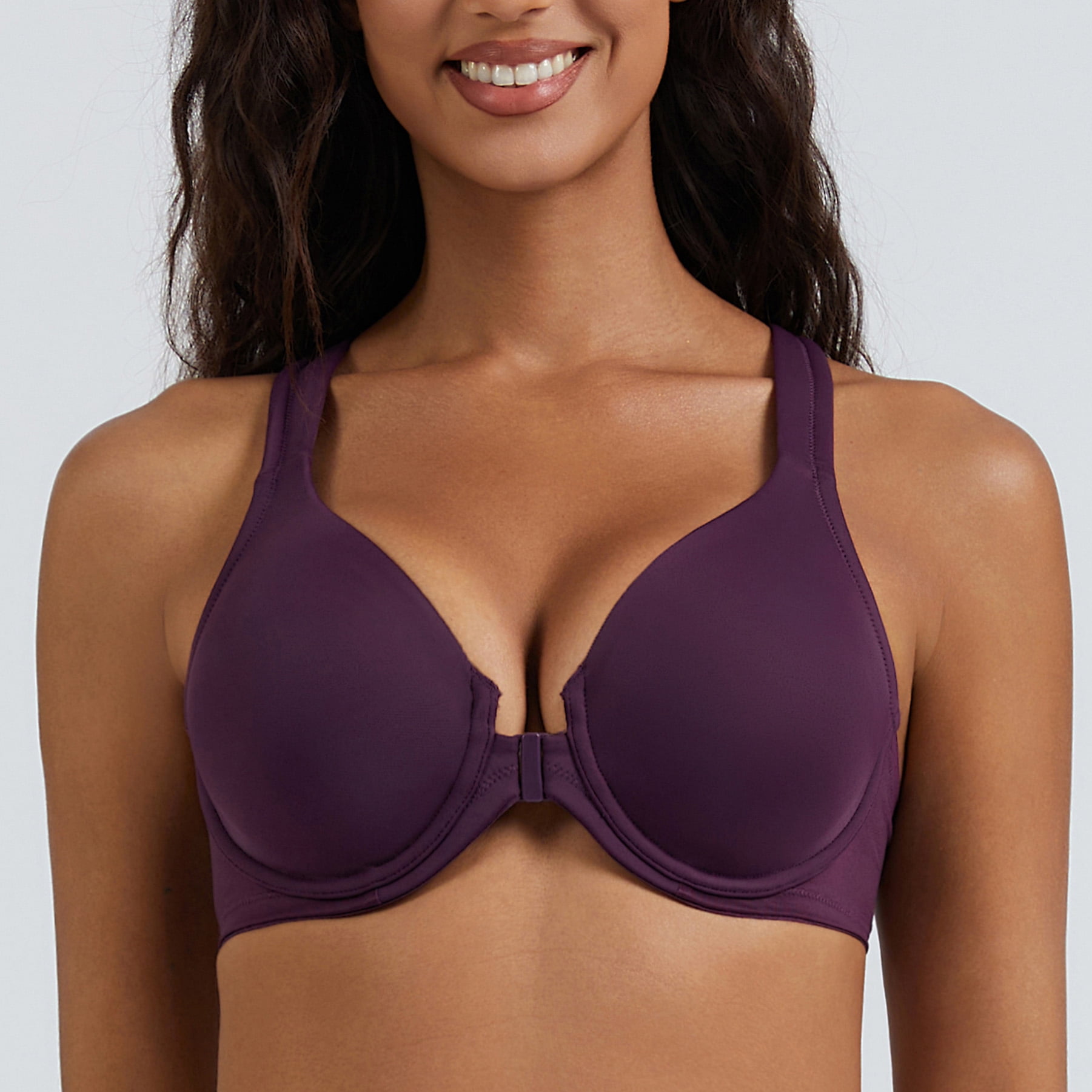 MELENECA Women's Racerback Front Closure Bras Plunge Unlined Full Coverage Seamless Underwire Bra Grape Wine 40DD