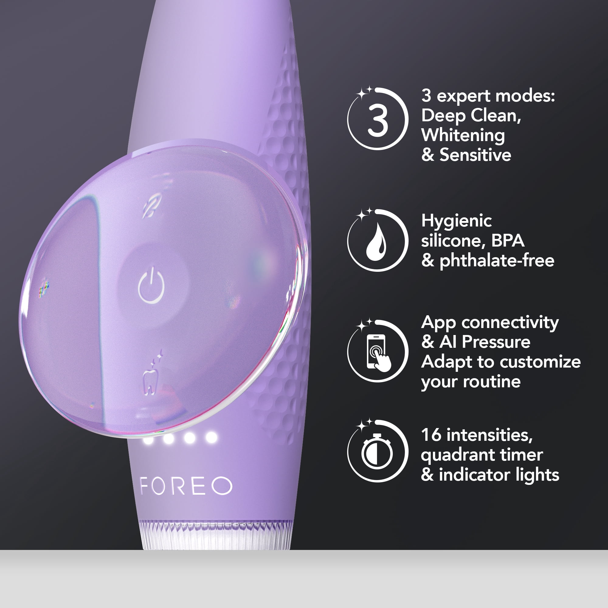FOREO issa 4 plus Sonic Electric Toothbrush - 4-in-1 AI-Guided Rechargeable Toothbrush Bundle with Extra Silicone & Polymer Hybrid Brush Head, Soft Bristles, Whitening Teeth - Lavander