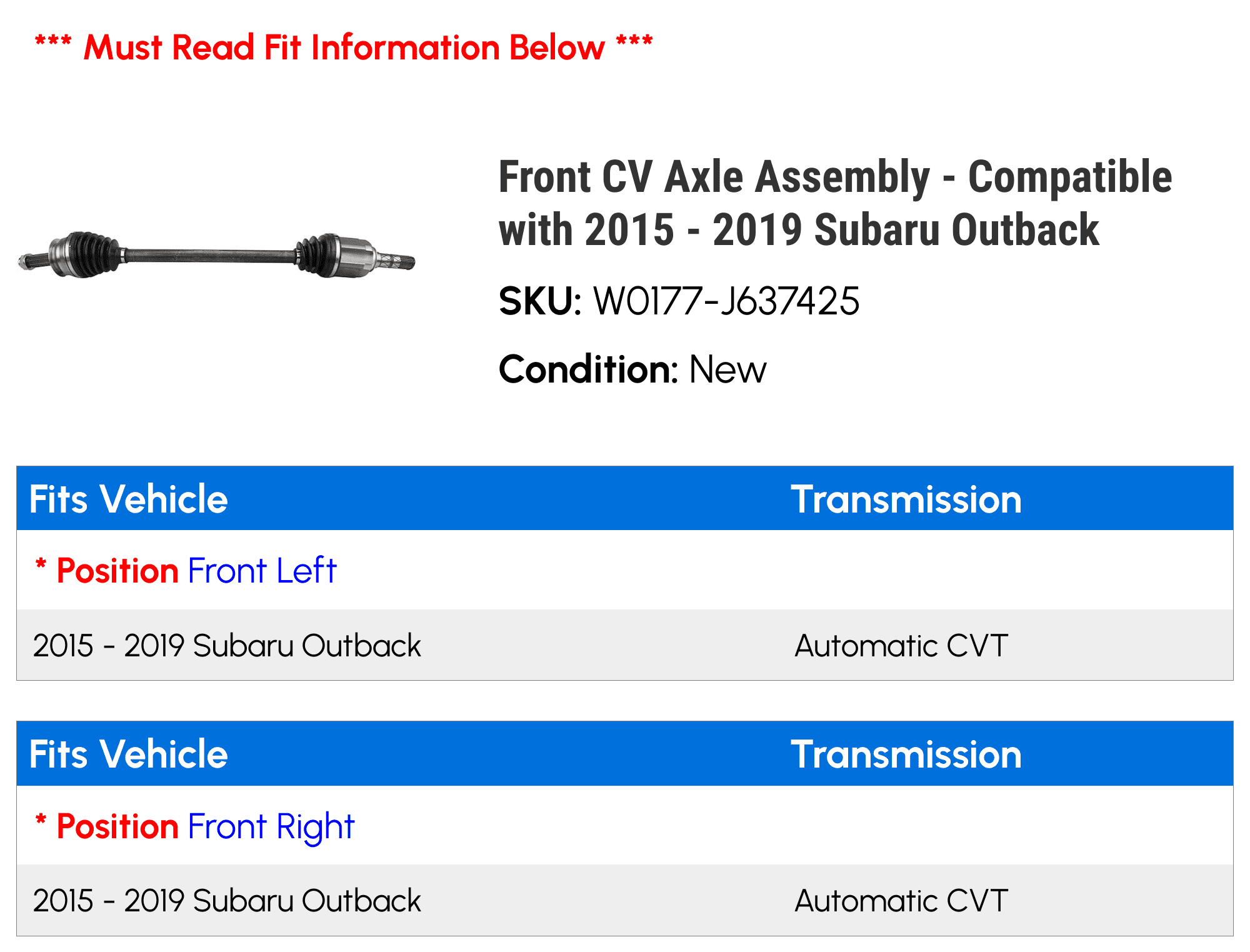 Front CV Axle Assembly - Compatible with 2015 - 2019 Subaru Outback 2016 2017 2018