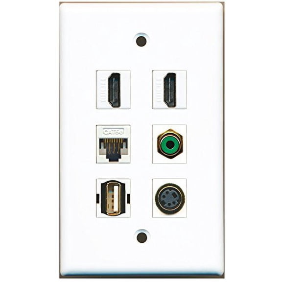 RiteAV - 2 HDMI 1 Port RCA Green 1 Port USB A-A 1 Port S-Video 1 Port Cat5e Ethernet White Wall Plate