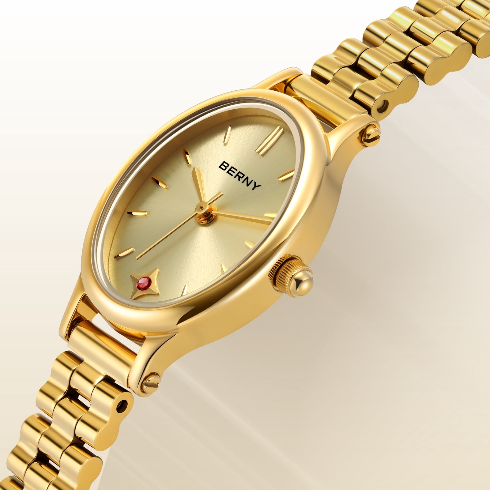 BERNY Small Gold Watches for Women, Dainty Luxury Oval Sunray Dial, Stainless Steel Bracelet Watch, Adjustment Tool Included, Waterproof, Fashion Ladies Analog Quartz Wrist Watch Gifts (Gold)