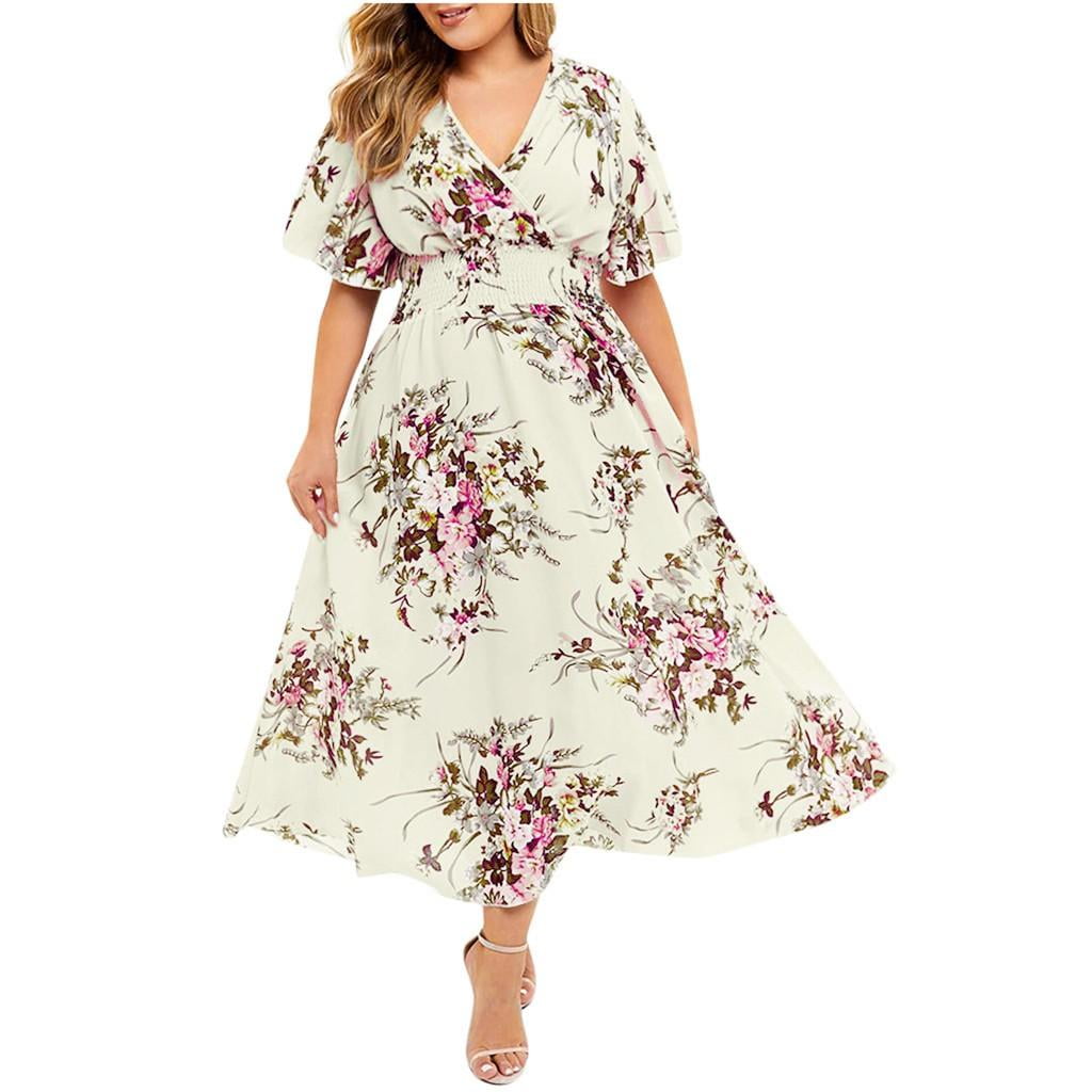 Ulanda Womens Ruffle Sleeve Cold Shoulder Wrap V Neck Plus Size Floral Casual Party Swing Dress 