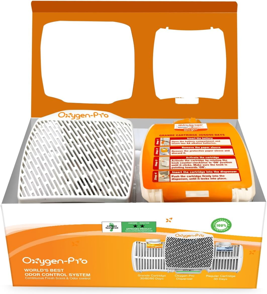 Oxygen-Pro - Grande Starter Kit - Commercial Air Freshener and Deodorizer, Wall Mounted, Battery Operated Automatic Dispenser, Odor Eliminator, and Fragrancing System (Subtle)