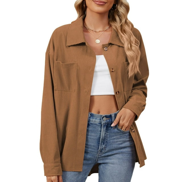 cfhntfmh Womens Knit Fall Jackets Oversized Casual Collared Cardigan Loose Long Sleeve Button down Shirts with Pockets