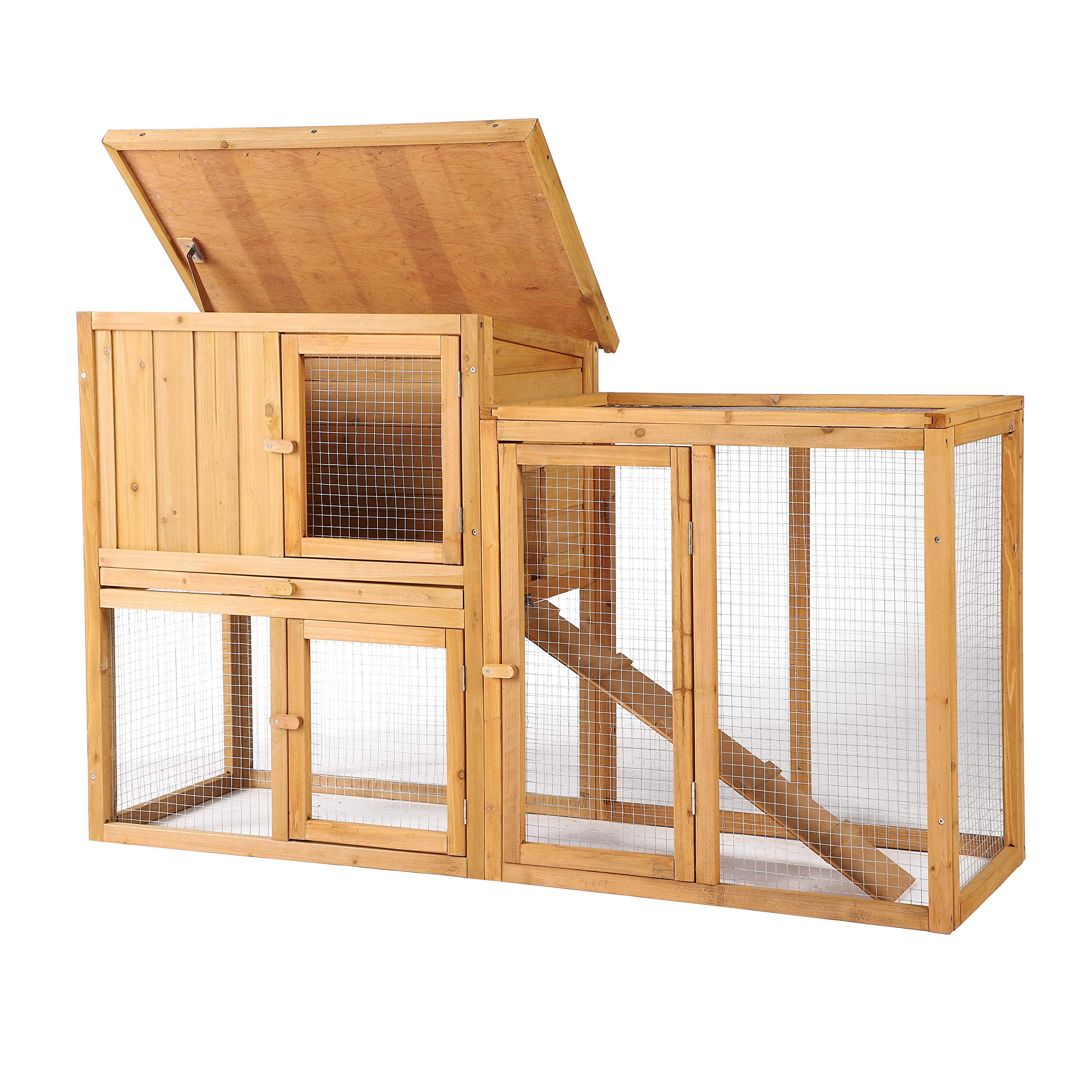 Removable Tray Bunny Cage for Small Animals Sunlight Panel Ramp Ventilation Door Wooden Bunny House Chicken House Coop with Weatherproof Asphalt Roof Bunny Cage for Rabbits Indoor and Outdoor 