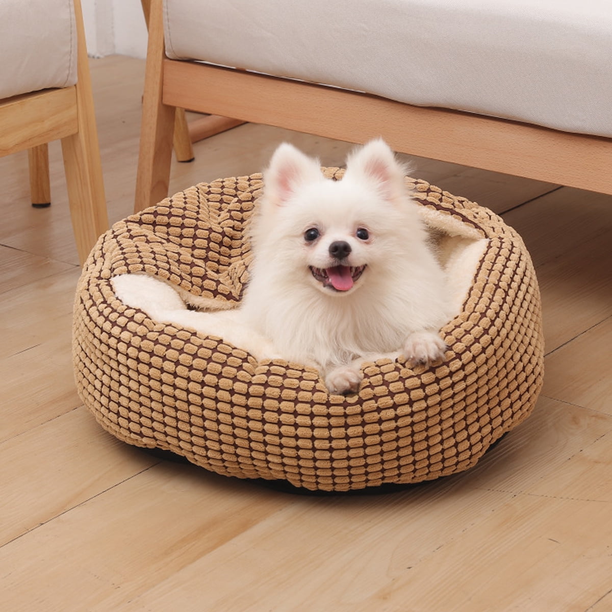 Small Dog Bed with Attached Blanket, Cozy Donut Cuddler Anti-Anxiety Hooded Pet Beds Calming Cave Bed. Orthopedic Round Puppy Beds for Dogs or Cats Washable, Anti-Slip Bottom