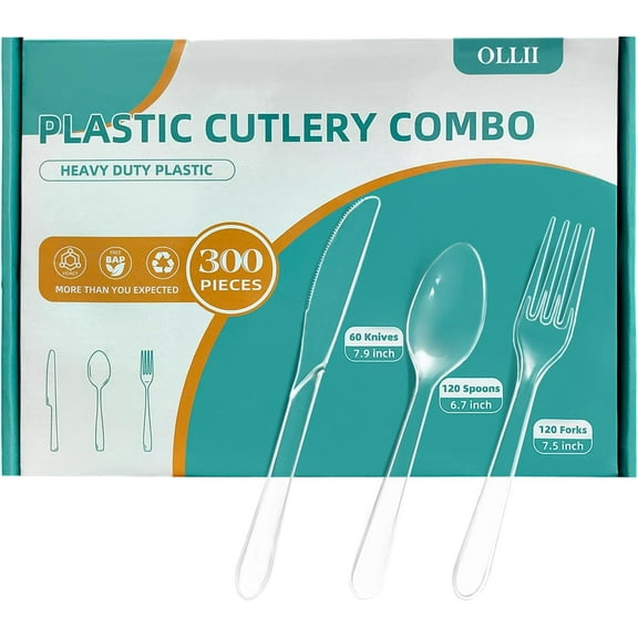 Plastic Silverware 300 Count Heavy Duty Disposable Clear Cutlery Set 120 Forks 120 Spoons 60 Knives for Parties Picnics Wedding Events Gatherings Daily