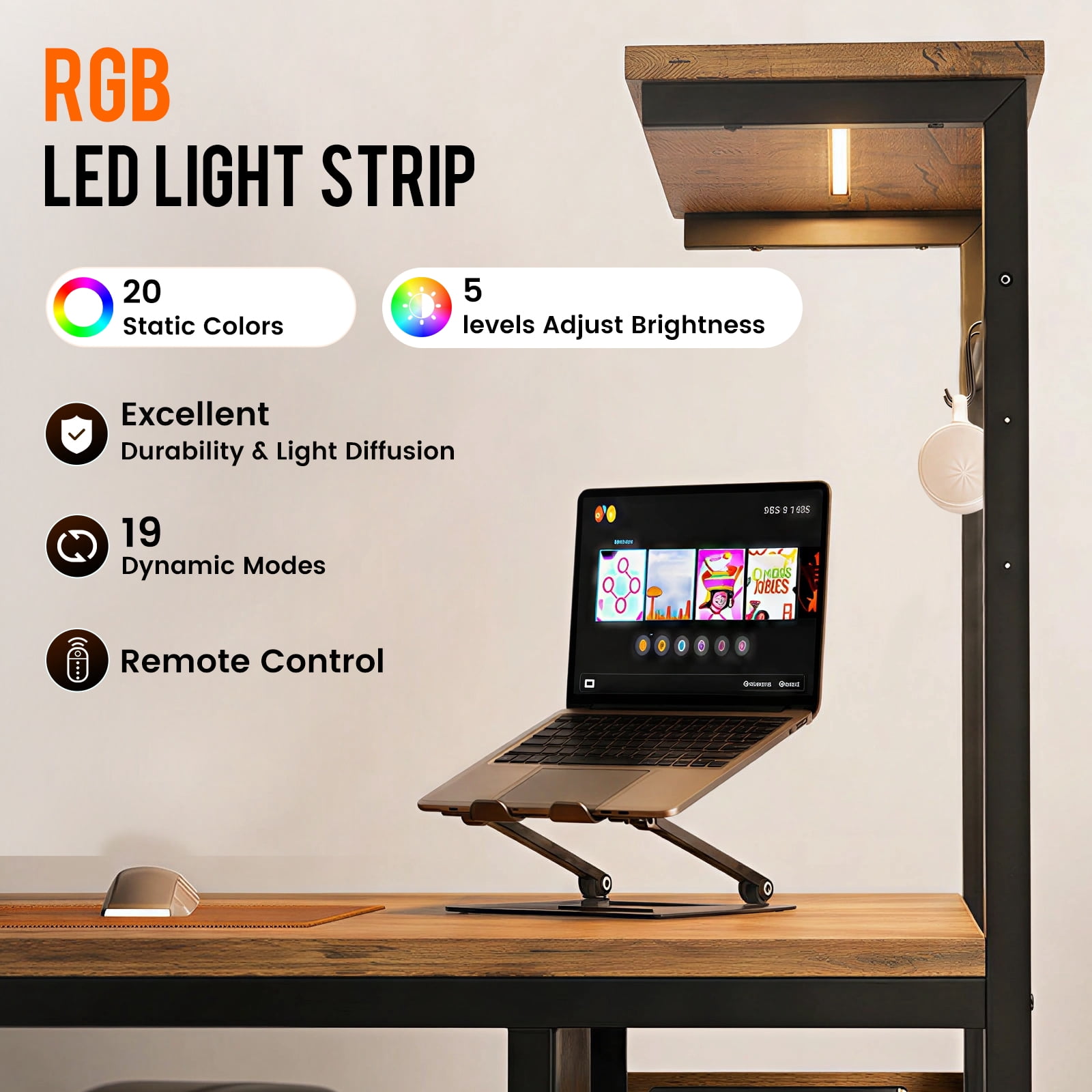 CLOUDREST PRO 44-Inch Computer Desk with LED Lights and 4-Tier Storage Shelves, Rustic Brown