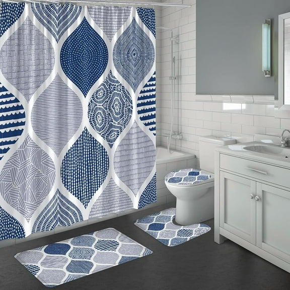 Blue Shower Curtain Sets with Rugs, Navy Blue Bathroom Sets with Shower Curtain and Rugs and Accessories, 4 Pcs Boho Shower Curtain Sets, Geometric Bohemian Bathroom Decor