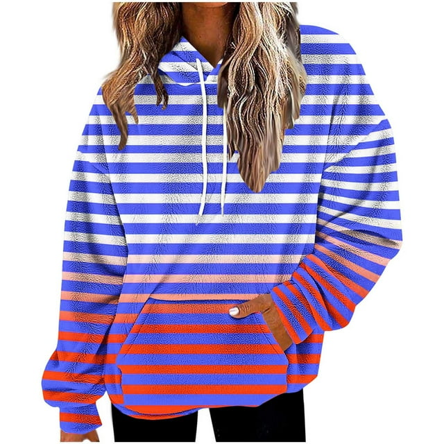 HAiming Womens Striped Hoodies Color Block Pullover Long Sleeve Drawstring Hooded Sweatshirt with Pocket