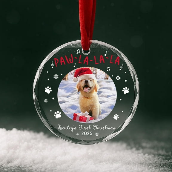Personalized Dog Ornament 2025 – “Paw-La-La” Photo Heart Glass Keepsake, Pet’s First Christmas