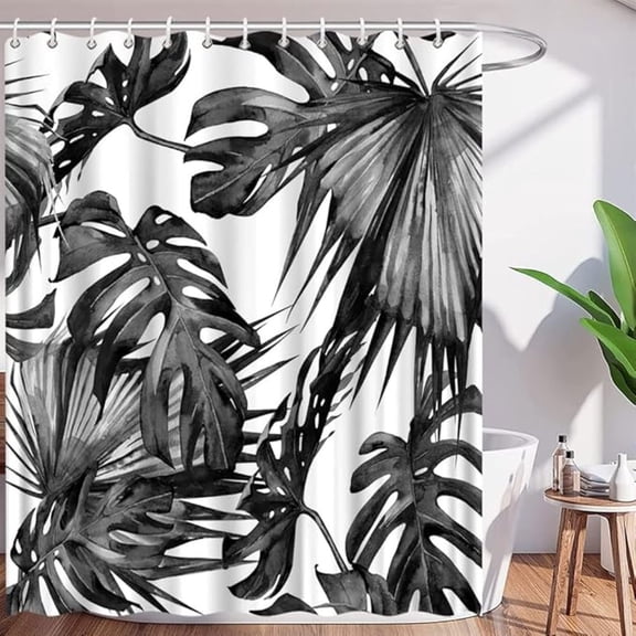 Black And White Leaves Shower Curtain Palm Leaf Boho Tropical Abstract Plants Botanical Simple Modern Art Elegant Polyester Curtains Bathroom Decor With Hooks 48"W x 72"L