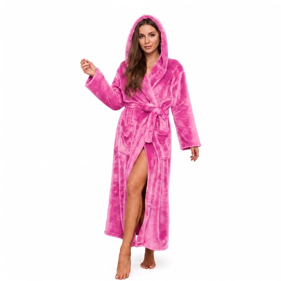 U2SKIIN Womens Fleece Hooded Robe, Full Length Soft Thick Plush Bathrobe,(Rose,L-XL)