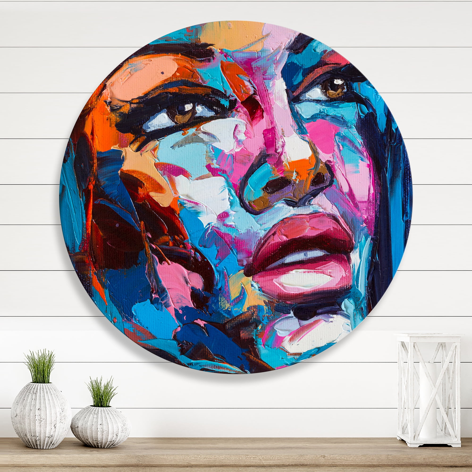 Designart 'Abstract Colorful Fantasy Portrait Of A Young Woman III' Modern Circle Metal Wall Art 23x23 - Disc of 23