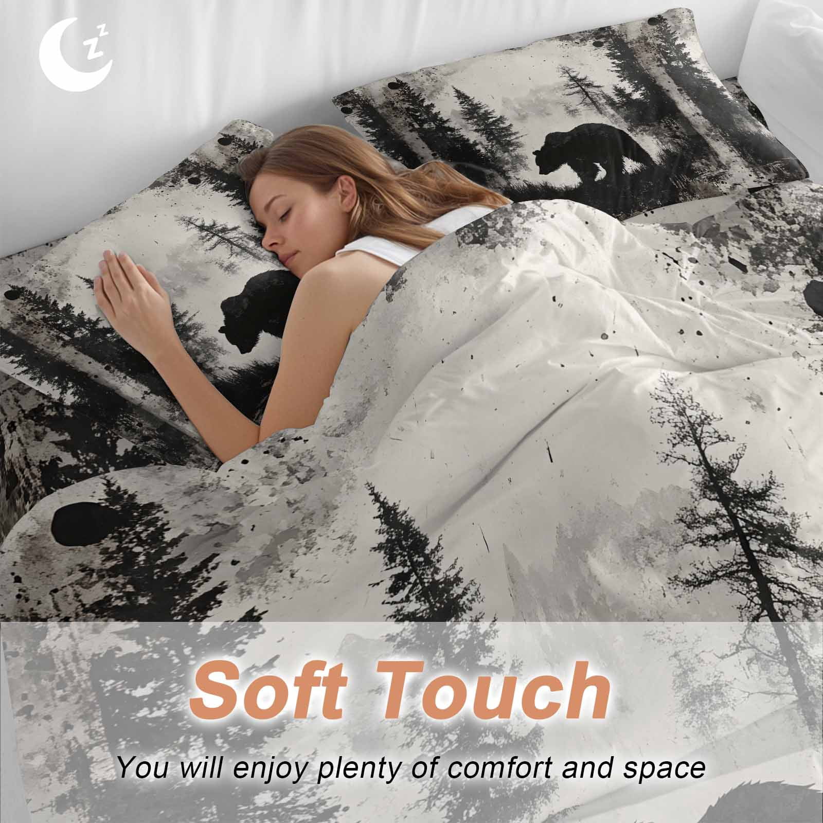 Brown Bear Bedding Duvet Cover Set Queen Size 4 Pieces Black Bear Forest Animal Modern Art Retro Bedding Set with Zipper Closure, 1 Comforter Cover 90x92 Inches 1 Flat Sheet & 2 Pillow Cases