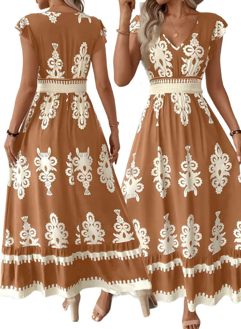 Summer Dresses for Women 2025 Casual Ruffle Sleeves Dress Sundresses Boho Beach Dresses Camel L