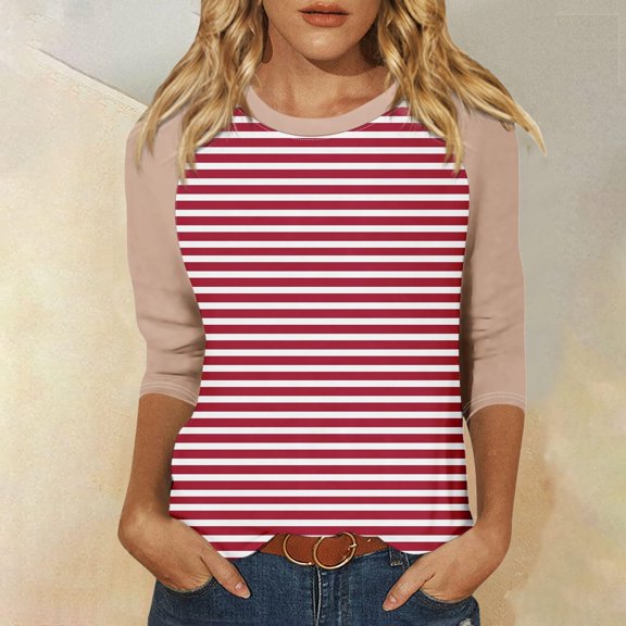 Conairie Women Cute Shirts Casual Stripe Loose Crew Neck 3/4 Sleeve T Shirt Classic Dressy Lightweight Blouses Pullover Outfits Beige L