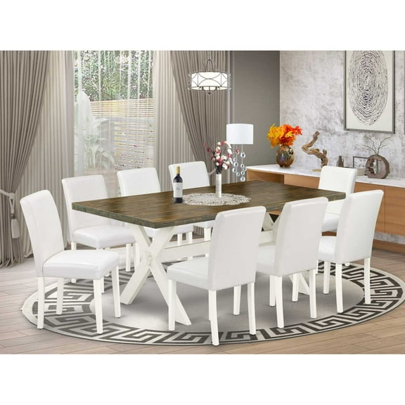 East West Furniture X-Style 9-piece Wood Dining Room Table Set in Linen White